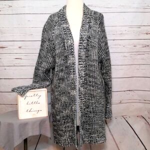 Women's Black and White Express Wool Alpaca Open Long‎ Cardigan Medium Large